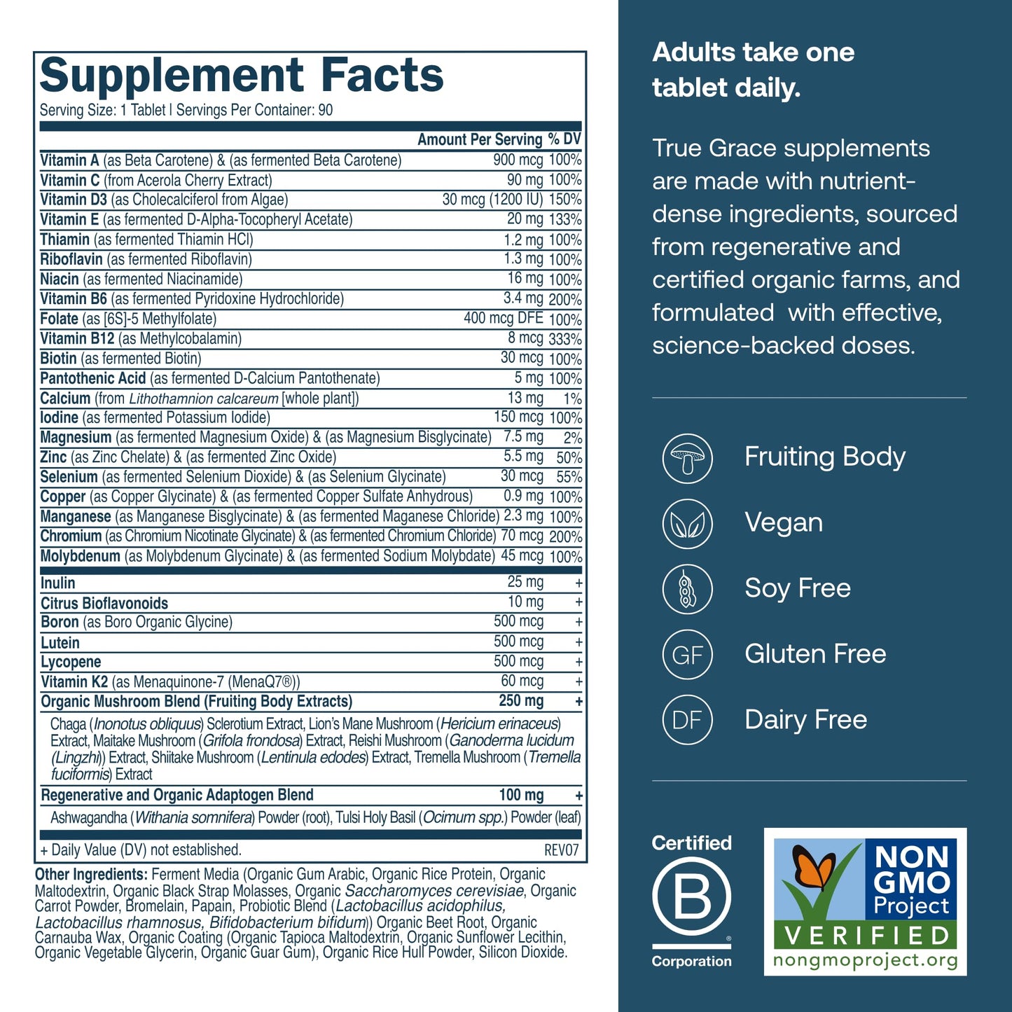 True Grace Men's 40+ One Daily Multivitamin with Fermented Minerals & Organic Adaptogens – 90 Veg Tablets