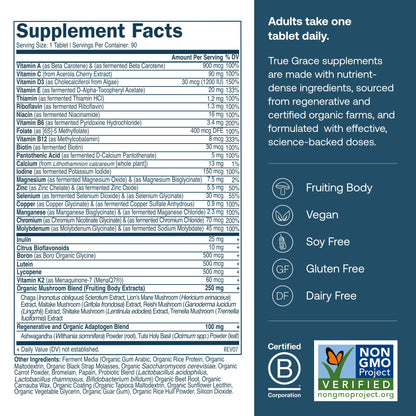True Grace Men's 40+ One Daily Multivitamin with Fermented Minerals & Organic Adaptogens – 90 Veg Tablets