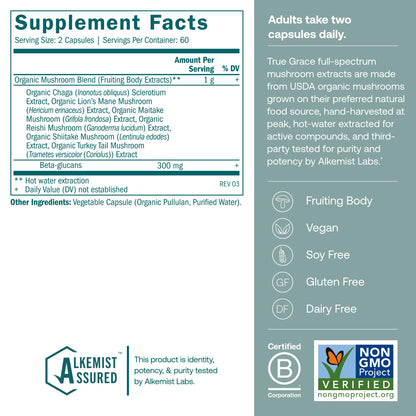 True Grace Mushroom Myco-Renew Blend Daily Immune Support - 120 Count Capsules - Organic