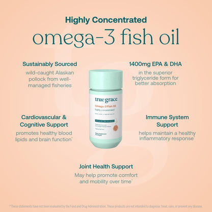 True Grace Omega-3 Fish Oil | 120 Softgels | 1400 mg EPA + DHA | Organic, Gluten Free, Soy Free