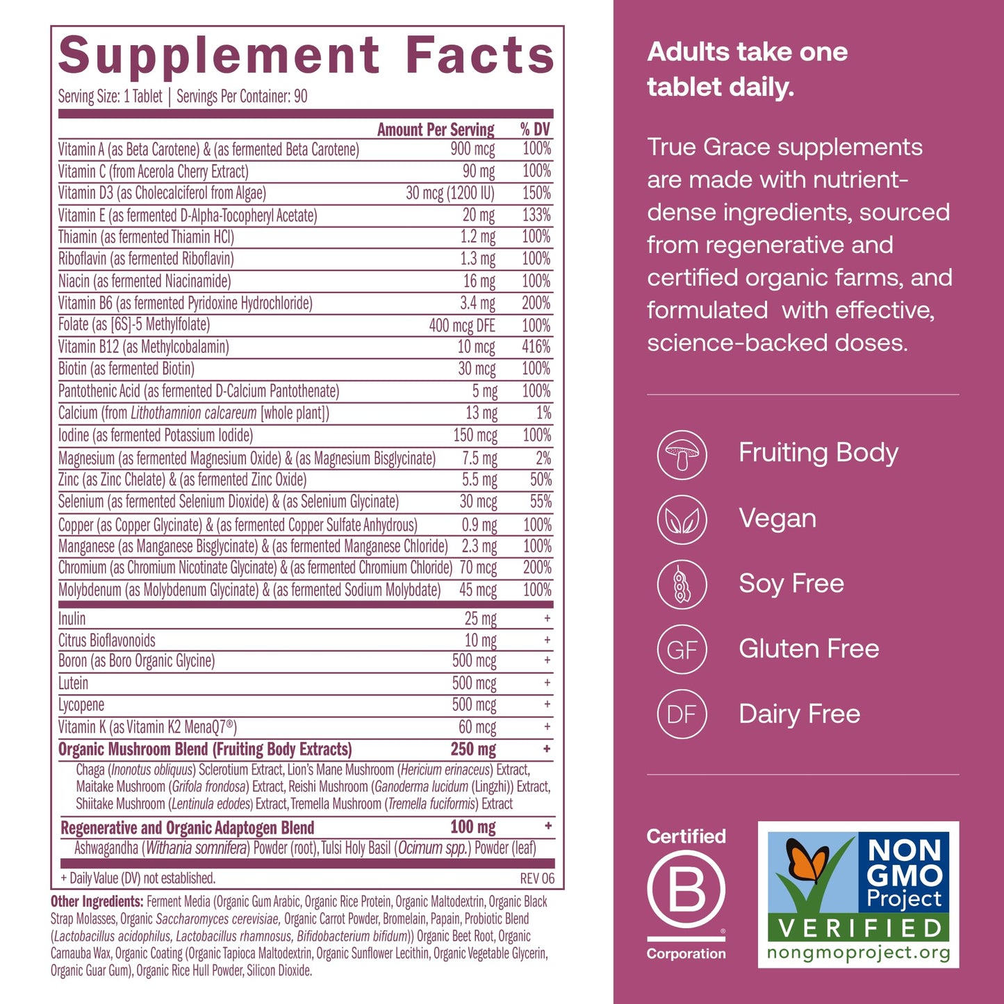 True Grace One Daily 40+ Multivitamin with Fermented Minerals, Organic Adaptogens & Mushrooms - Non-GMO, Gluten & Soy Free, 90 Vegan Tablets