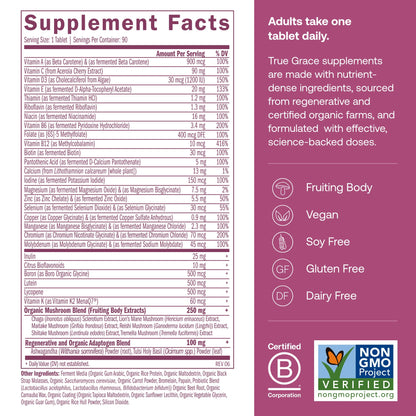 True Grace One Daily 40+ Multivitamin with Fermented Minerals, Organic Adaptogens & Mushrooms - Non-GMO, Gluten & Soy Free, 90 Vegan Tablets
