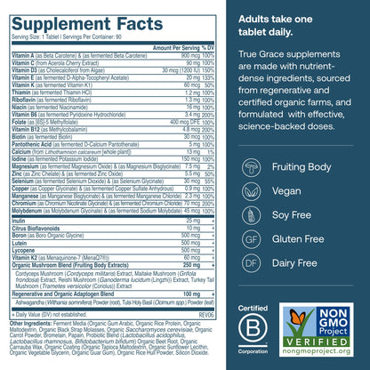 True Grace One Daily Men's Multivitamin – Fermented Minerals, Organic Mushrooms & Adaptogens (90 Vegan Tablets)