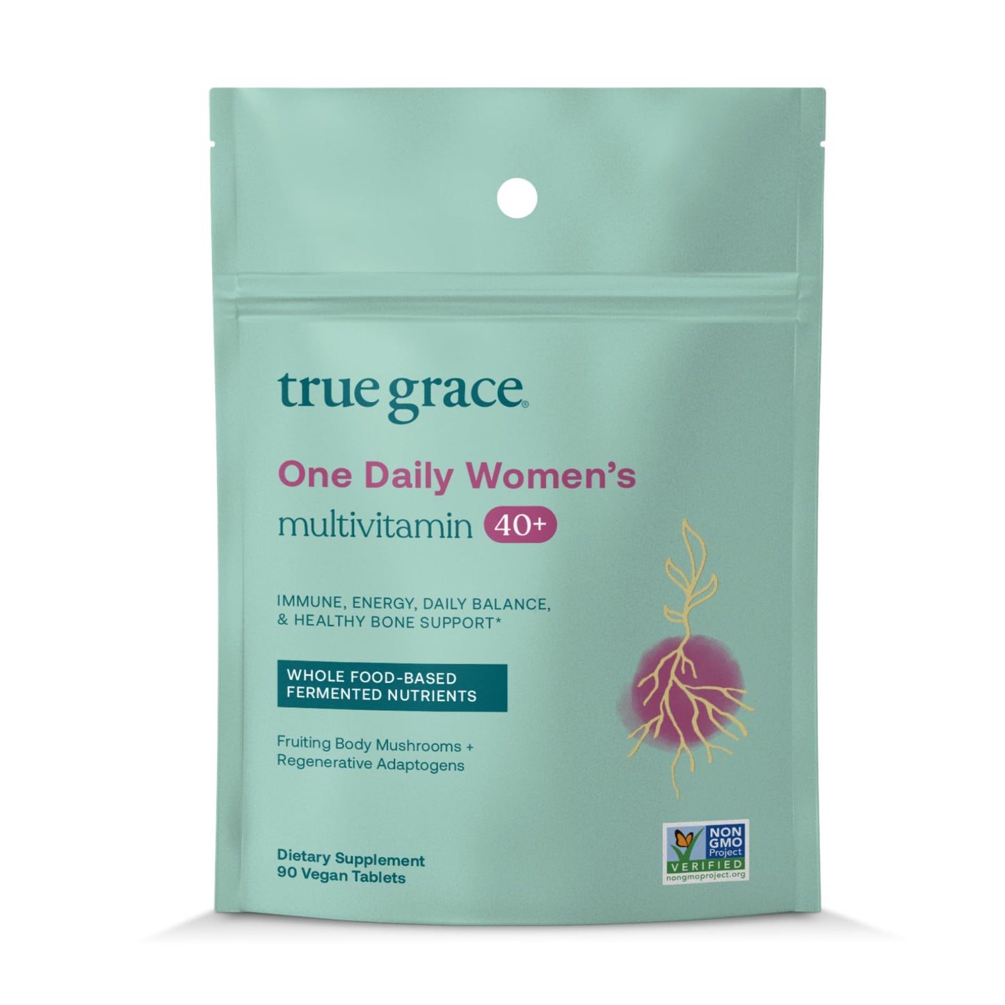 True Grace One Daily 40+ Multivitamin with Fermented Minerals, Organic Adaptogens & Mushrooms - Non-GMO, Gluten & Soy Free, 90 Vegan Tablets