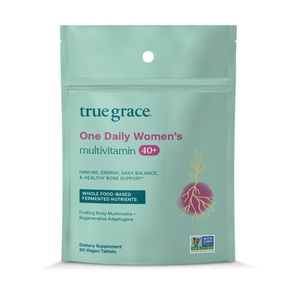 True Grace One Daily 40+ Multivitamin with Fermented Minerals, Organic Adaptogens & Mushrooms - Non-GMO, Gluten & Soy Free, 90 Vegan Tablets