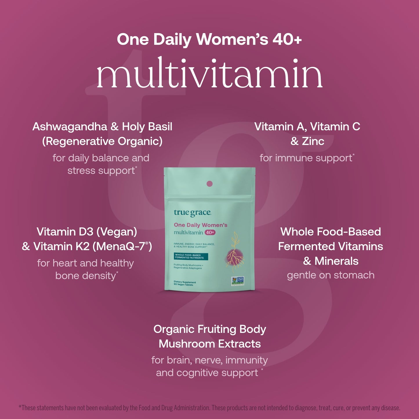 True Grace One Daily 40+ Multivitamin with Fermented Minerals, Organic Adaptogens & Mushrooms - Non-GMO, Gluten & Soy Free, 90 Vegan Tablets