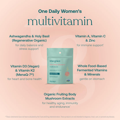 True Grace One Daily Women’s Multivitamin with Fermented Minerals, Organic Adaptogens & Mushroom Blend – 90 Vegan Tablets