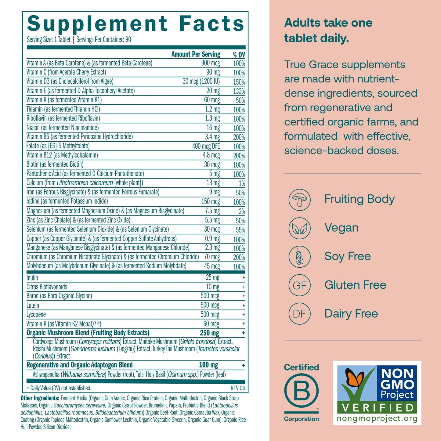 True Grace One Daily Women’s Multivitamin with Fermented Minerals, Organic Adaptogens & Mushroom Blend – 90 Vegan Tablets