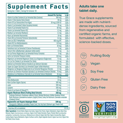 True Grace One Daily Women’s Multivitamin with Fermented Minerals, Organic Adaptogens & Mushroom Blend – 90 Vegan Tablets
