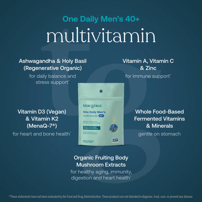 True Grace Men's 40+ One Daily Multivitamin with Fermented Minerals & Organic Adaptogens – 90 Veg Tablets