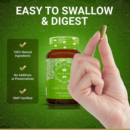 True Veda USDA Organic Green Tea Extract Capsules with EGCG – 60 Vegan Capsules, Low Caffeine