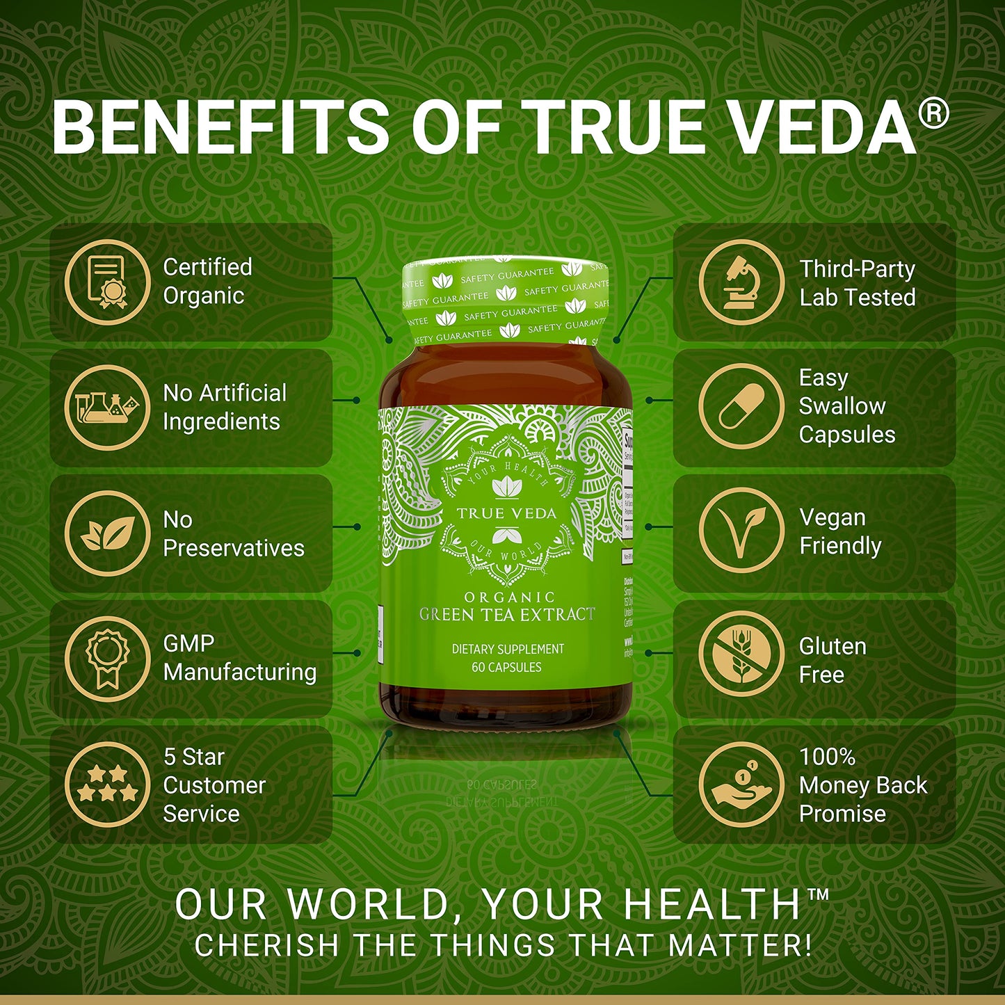 True Veda USDA Organic Green Tea Extract Capsules with EGCG – 60 Vegan Capsules, Low Caffeine