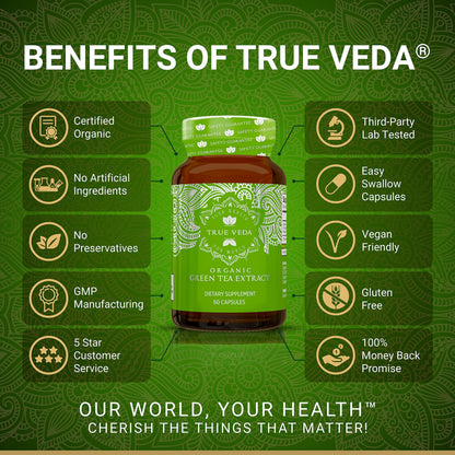 True Veda USDA Organic Green Tea Extract Capsules with EGCG – 60 Vegan Capsules, Low Caffeine