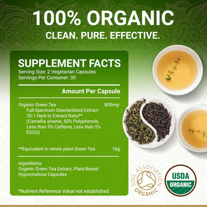 True Veda USDA Organic Green Tea Extract Capsules with EGCG – 60 Vegan Capsules, Low Caffeine