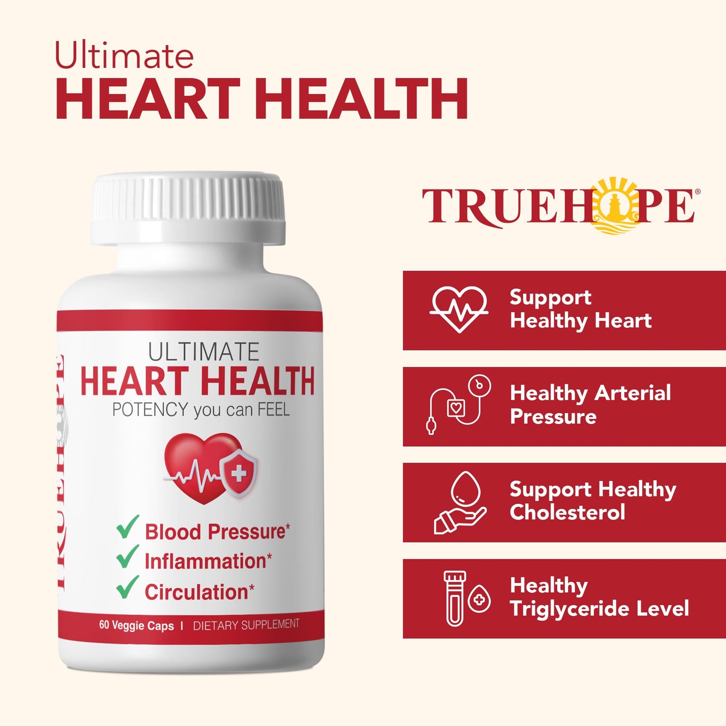 Truehope 27-in-1 Ultimate Heart Health Supplement | Blood Pressure, Circulation, Heart Function Support | Potency You Can Feel Day 1 | Hawthorn, Motherwort, Inositol, Mistletoe | + Advanced Chelation