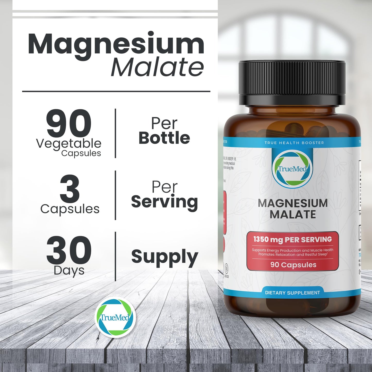 TrueMed Magnesium Malate 1350 mg – 90 Capsules | High Bioavailability, Muscle Function
