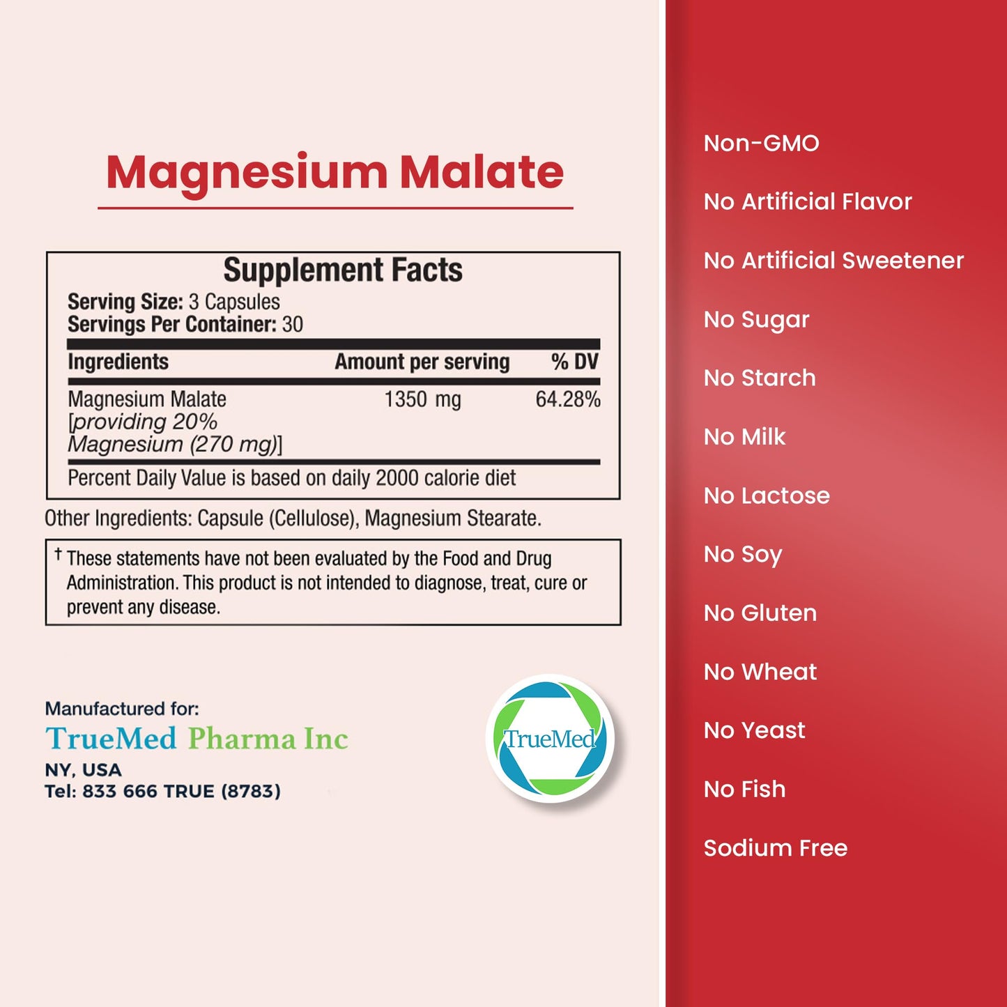 TrueMed Magnesium Malate 1350 mg – 90 Capsules | High Bioavailability, Muscle Function