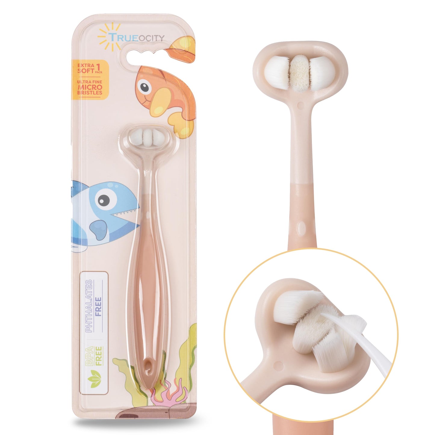Trueocity Baby Toothbrush 6-12m, 1-2y & 2-4y | Extra Soft, 3-Sided Toothhugger (Apricot)