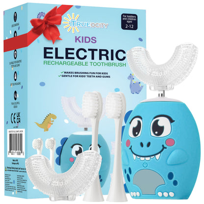 Trueocity Kids U-Shape Electric Toothbrush - 360° Silicone U-Shaped Head for Ages 2–7 (Blue) | Dinosaur Design