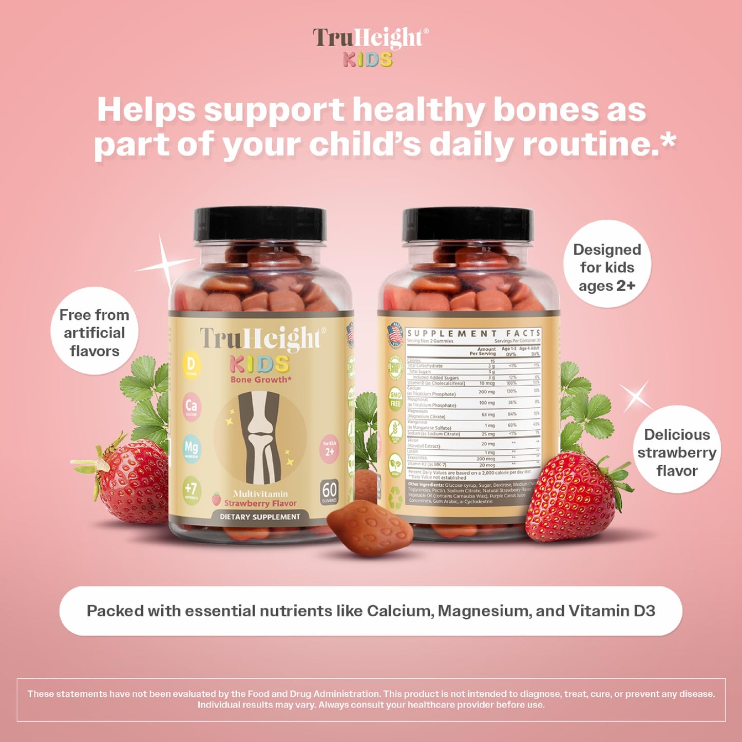 TruHeight Kids Bone Growth Gummies – Strawberry (Ages 2+) D3, K2, Calcium