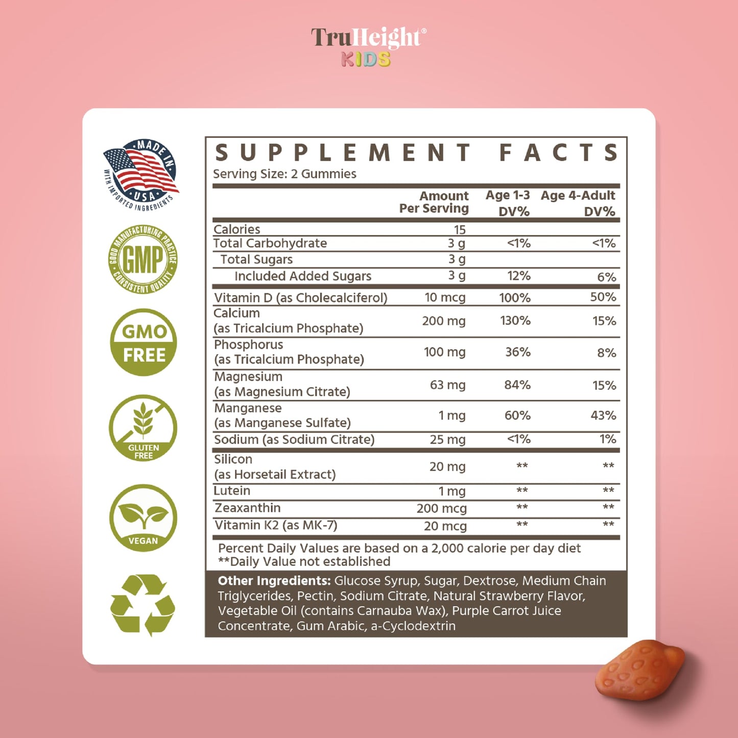 TruHeight Kids Bone Growth Gummies – Strawberry (Ages 2+) D3, K2, Calcium