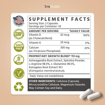 TruHeight Growth Capsules for Kids & Teens | Natural Bone Support with D3, K2 & Ashwagandha