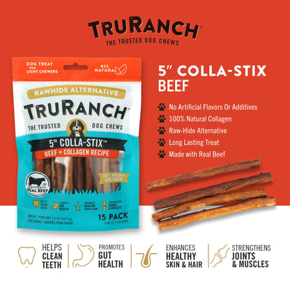 TRURANCH Collagen Sticks - 5-Inch Dog Treats, Rawhide Alternative, Beef, 3 Bags (45 Count)