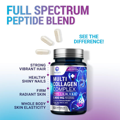 Multi Collagen Peptides – Hair, Skin, Nails | Types I, II, III, V, X | 60 Capsules