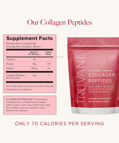 Truvani Hydrolyzed Collagen Peptides – Unflavored, 20g, 7 Servings | Grass-Fed, Keto