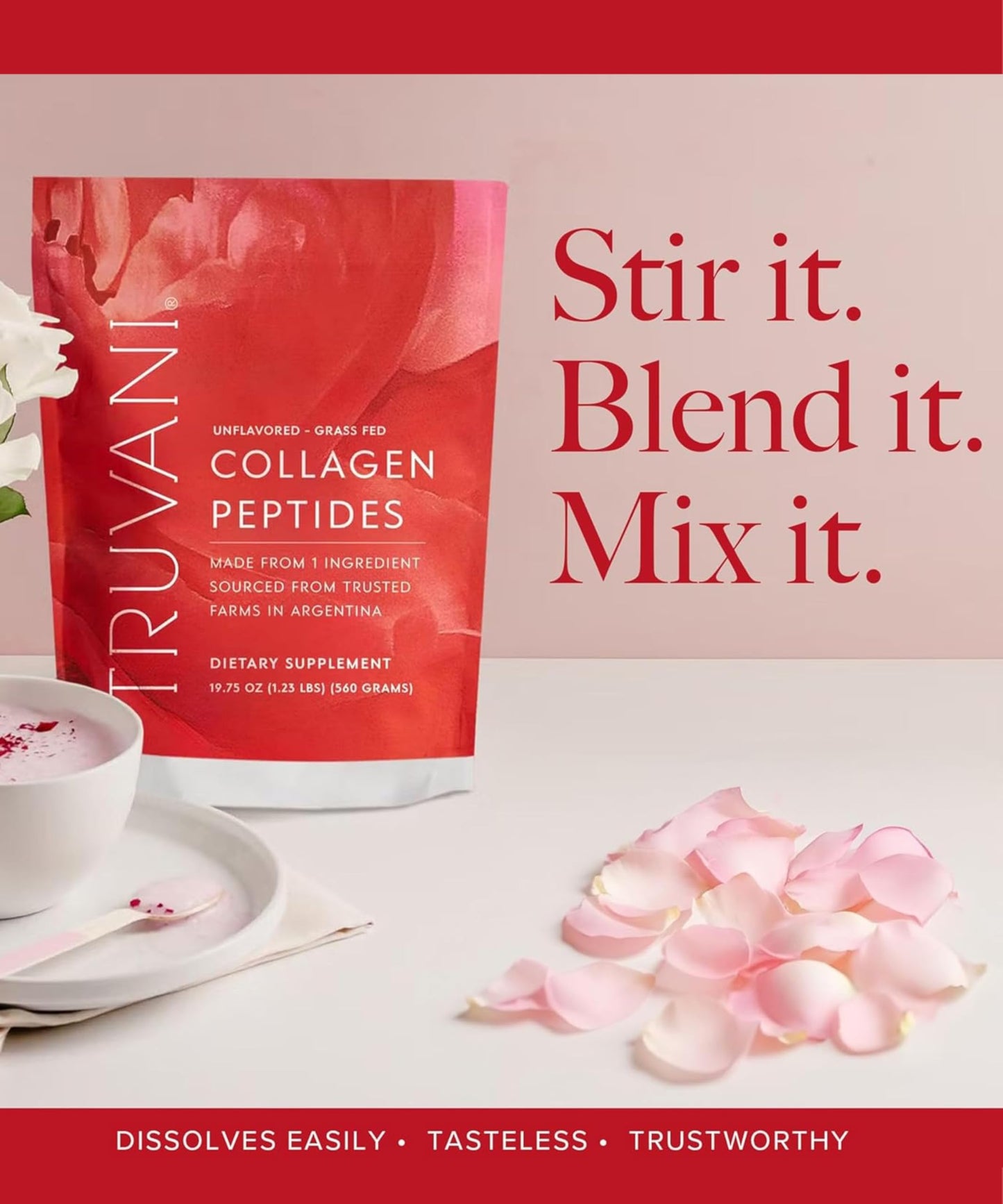 Truvani Hydrolyzed Collagen Peptides – Unflavored, 28 Servings, 20g Grass-Fed Collagen | Dairy & Gluten Free