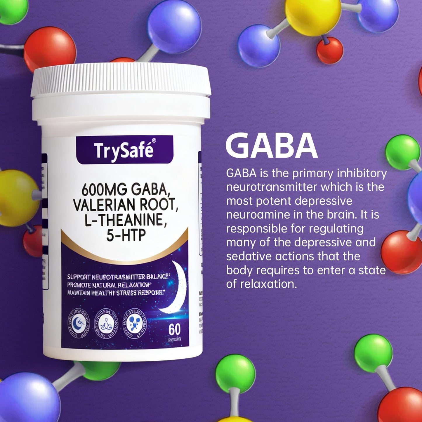 TrySafe 600mg GABA Sleep Aid with Valerian, L-Theanine & 5-HTP | 60 Capsules