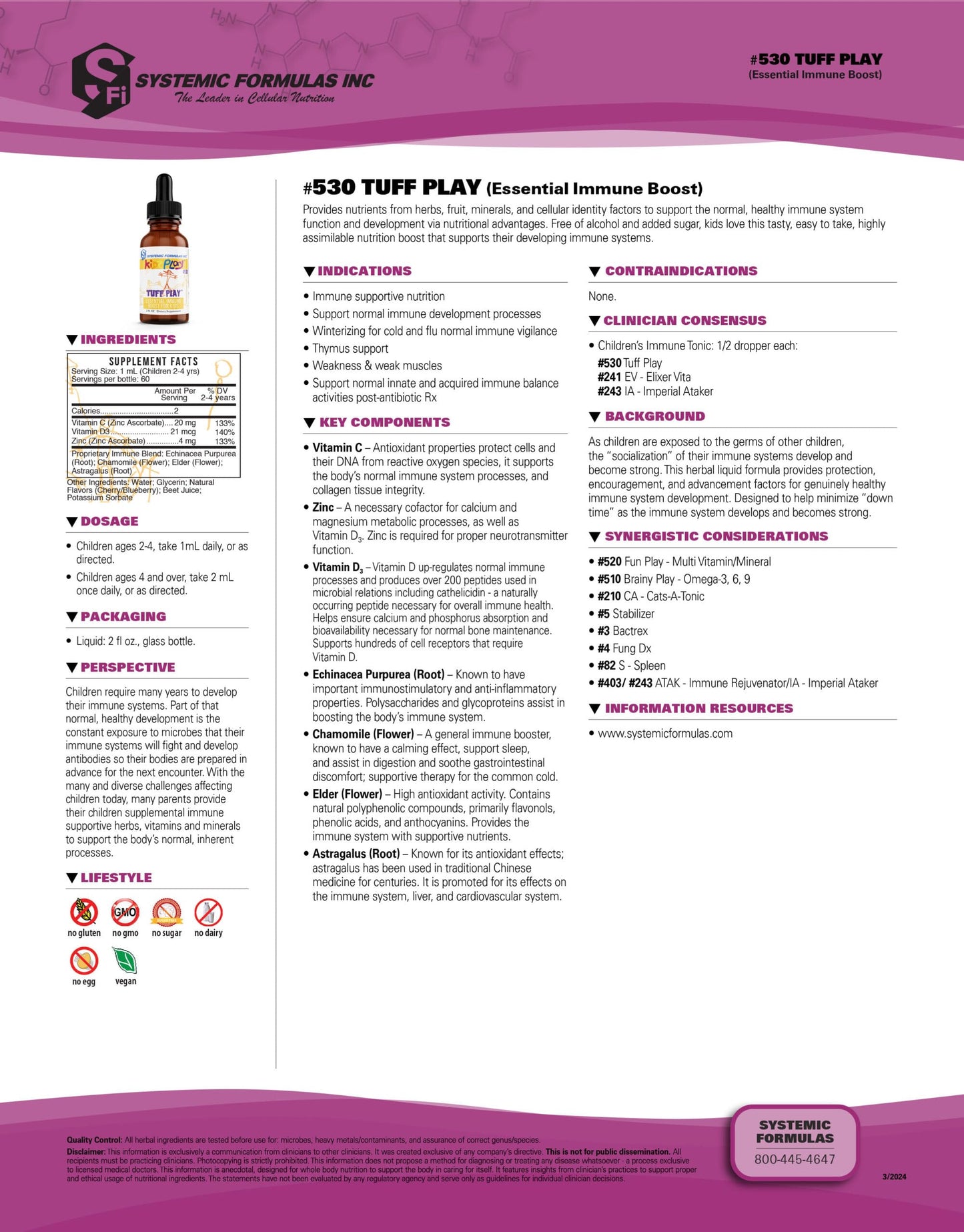 Systemic Formulas TUFF PLAY Kids Immune Support Supplement 2 Fl Oz – Vitamin C, D3 & Zinc #530
