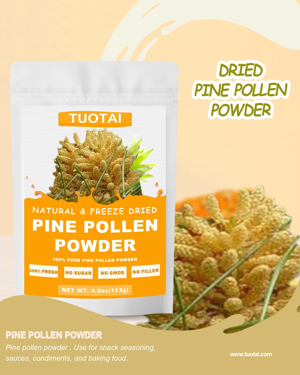 TUOTAI Premium Pine Pollen Powder – 100% Natural, No GMO, No Additives, Vegan