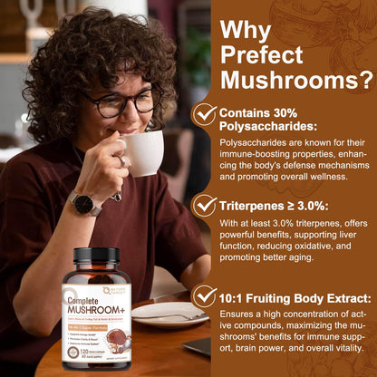 NATURE TARGET Mushroom Supplement, Mushroom Complex with Lion's Mane, Turkey Tail, Reishi, Cordyceps, Shiitake, 14-in-1 Mushrooms for Memory and Focus, 120 Capsules