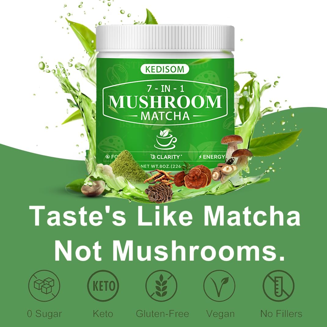 Mushroom Matcha Adaptogenic Blend – 7 Mushrooms + Ceremonial Grade Matcha, 45 Servings