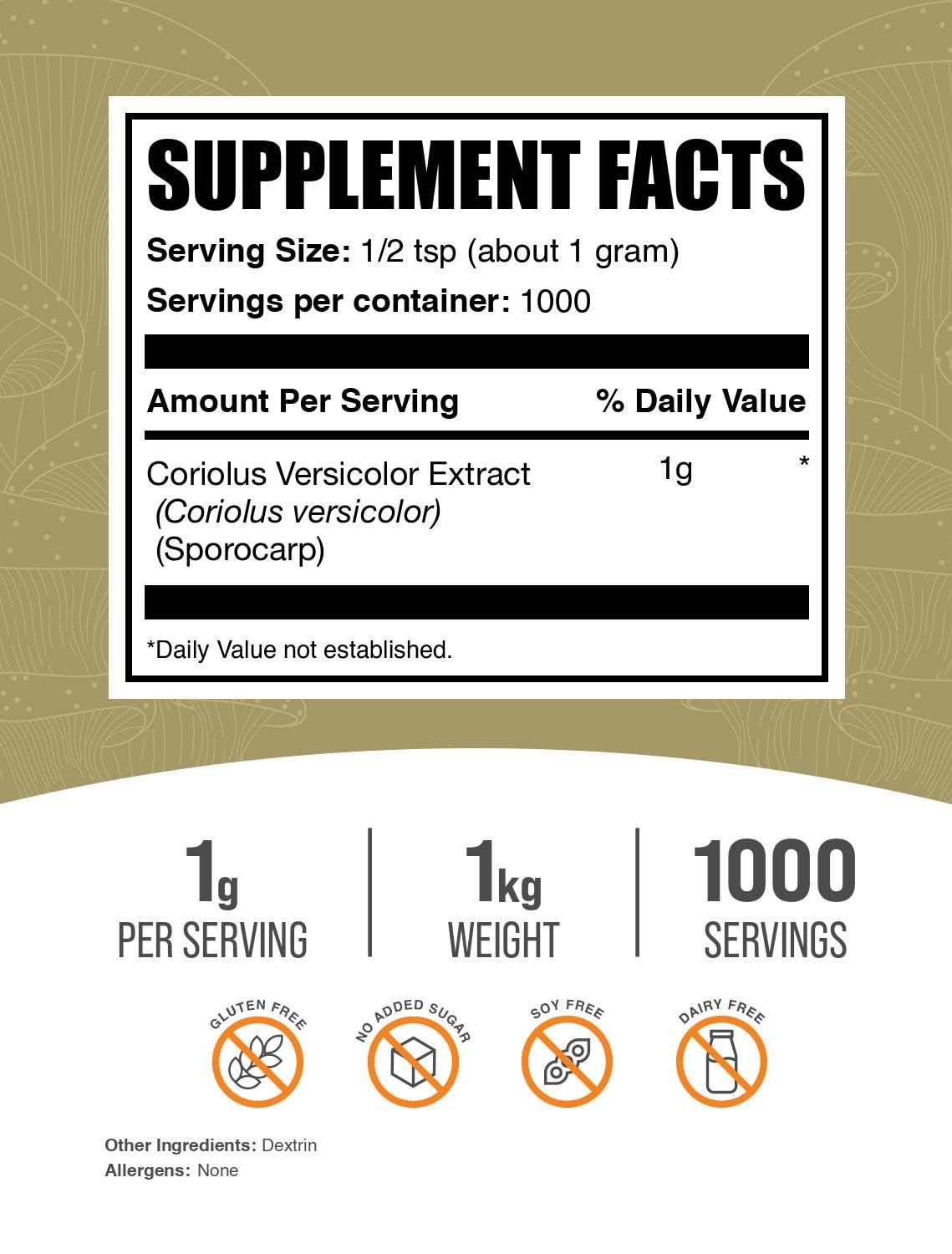 BulkSupplements Turkey Tail Mushroom Extract Powder – Coriolus Versicolor, Vegan & Gluten Free, 1kg