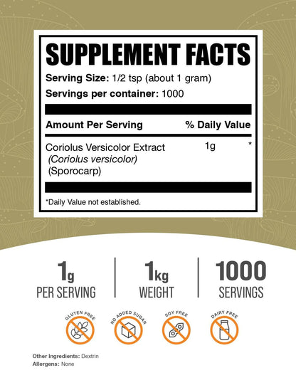 BulkSupplements Turkey Tail Mushroom Extract Powder – Coriolus Versicolor, Vegan & Gluten Free, 1kg