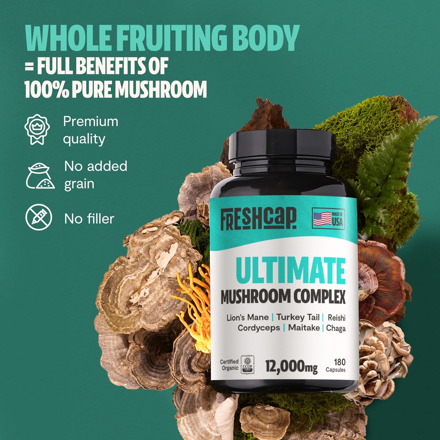 FreshCap Ultimate Mushroom Supplement 12,000mg – Organic Nootropic Complex Capsules