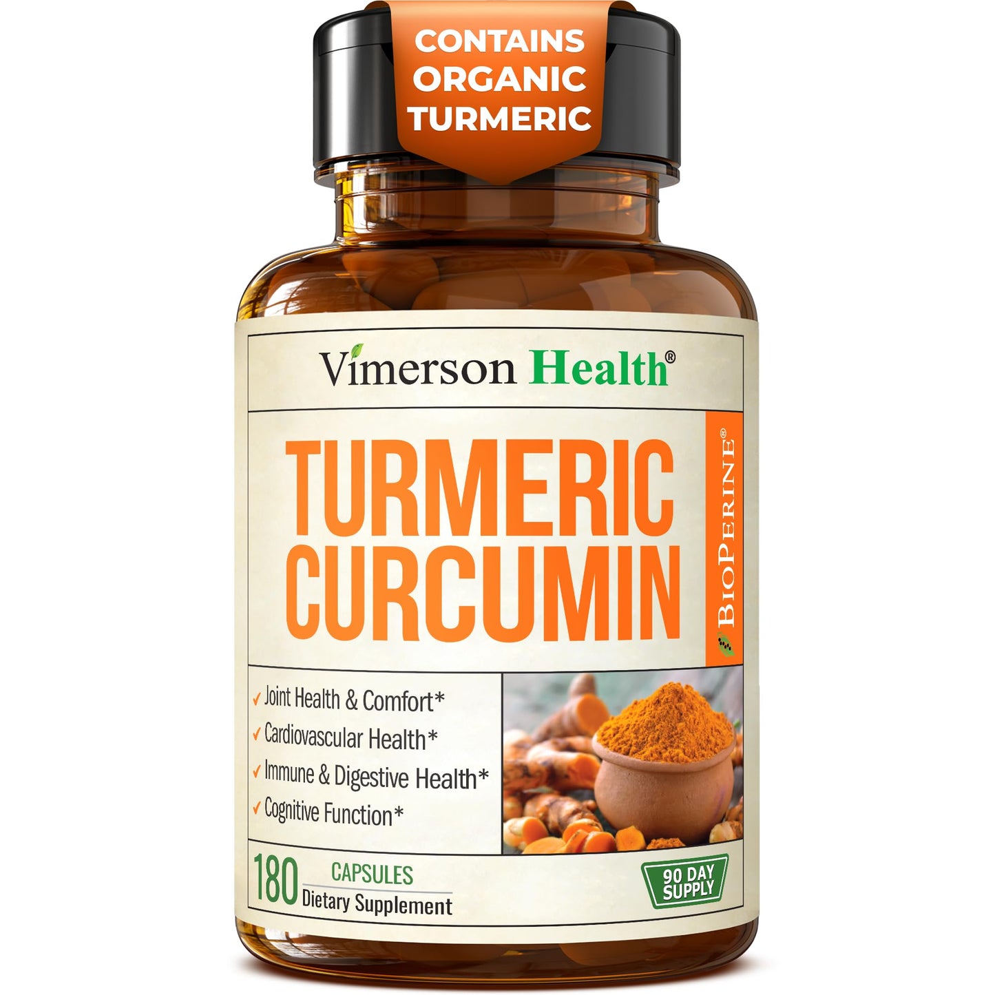 Vimerson Health Turmeric Curcumin 1200mg with Black Pepper - Joint & Digestive Support, 180 Vegan Capsules