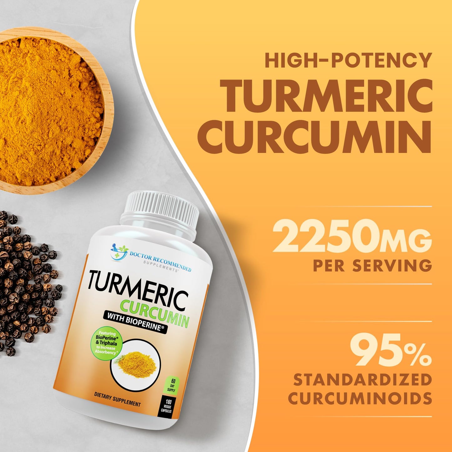 Turmeric Curcumin 2250mg Veggie Caps - 95% Curcuminoids + Bioperine - 2-Pack - Organic