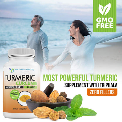 Turmeric Curcumin 2250mg/day — Bioperine Veggie Caps — 100% Organic | Pack of 3 | Doctor Recommended Supplements