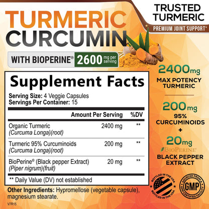 Turmeric Curcumin 2600mg with BioPerine – 95% Curcuminoids | Organic Turmeric, Vegan, Non-GMO | 60 Capsules | Made in USA