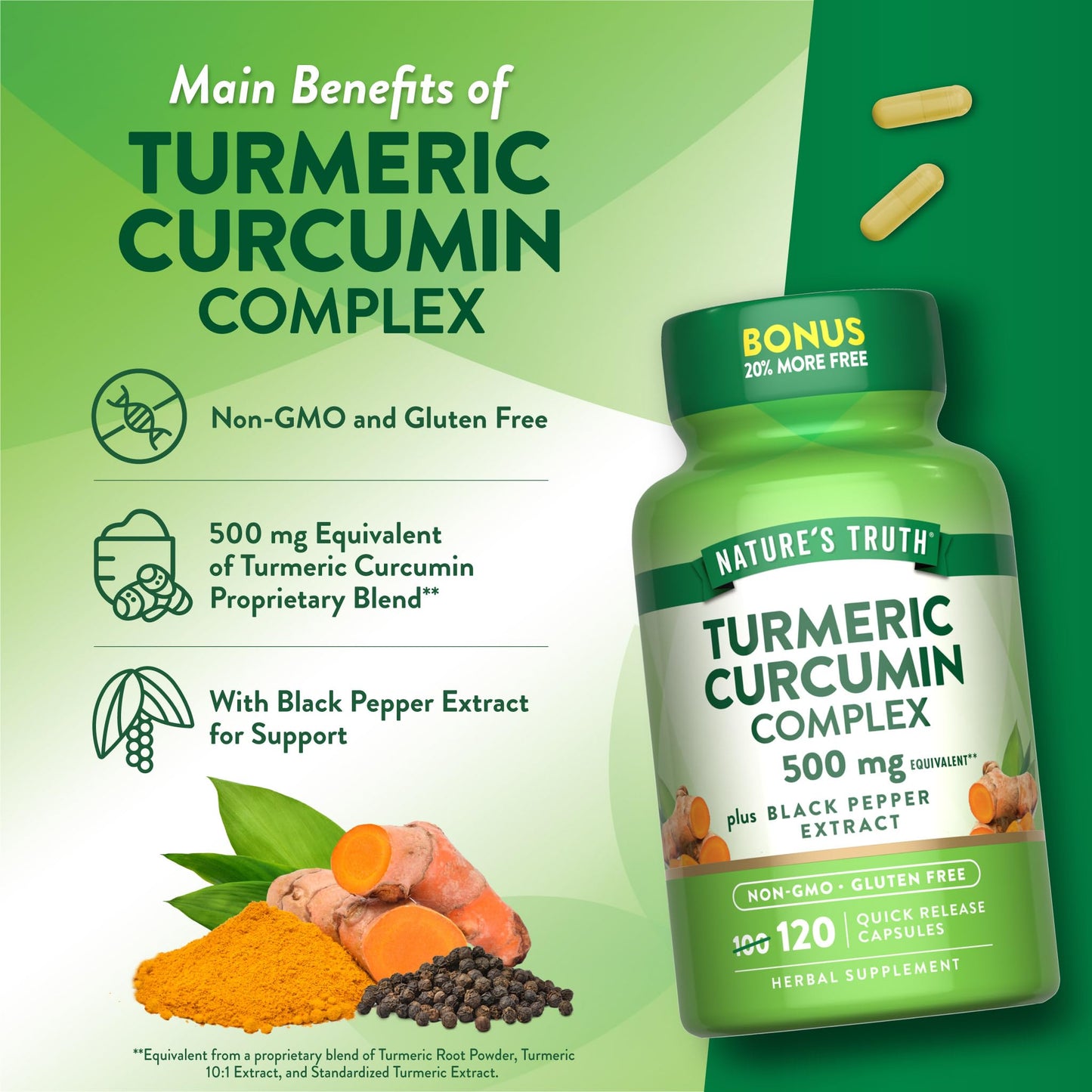 Nature's Truth Turmeric Curcumin 500mg – 120 Capsules | Black Pepper | Non-GMO & Gluten Free