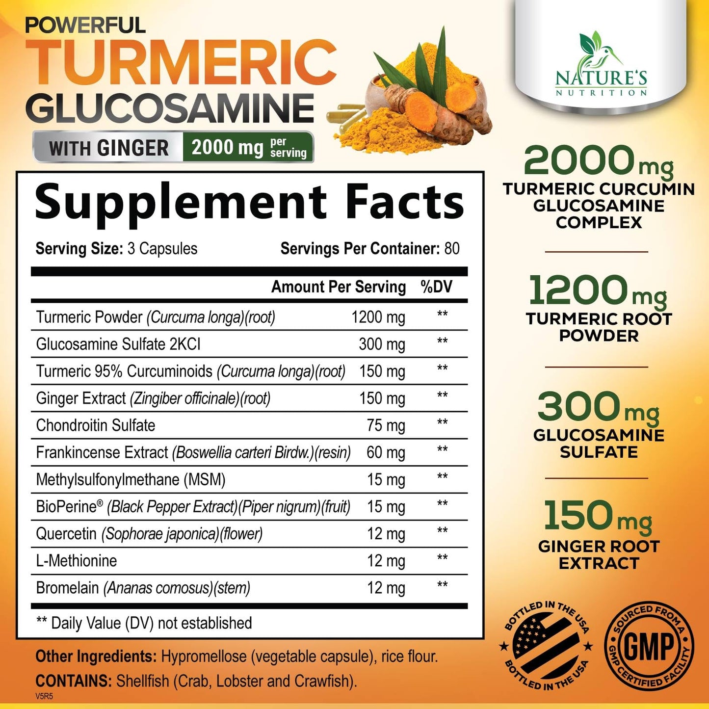 Turmeric Curcumin 2000mg with Glucosamine & Ginger – BioPerine, 240 capsules, USA Made