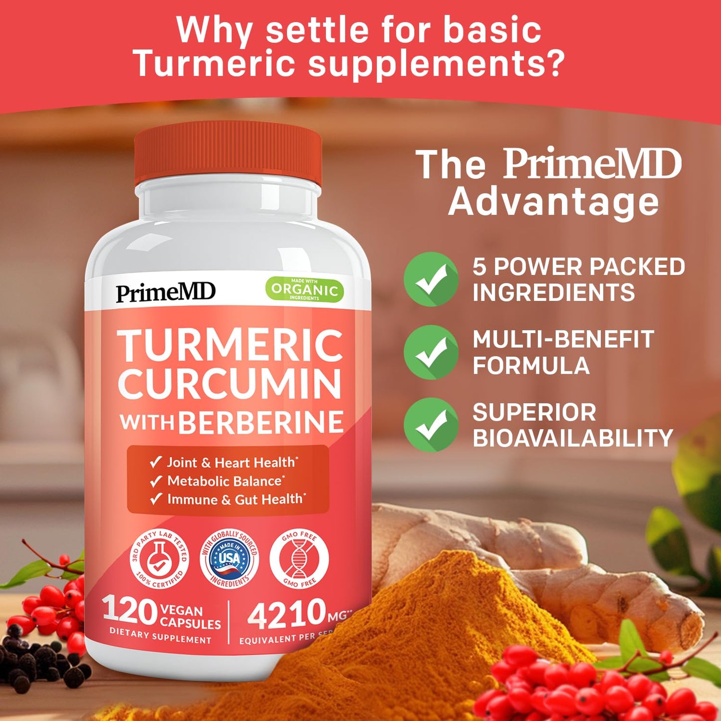 PrimeMD 5-in-1 Organic Turmeric Curcumin with Berberine & Bioperine – 120 ct (Pack of 3)