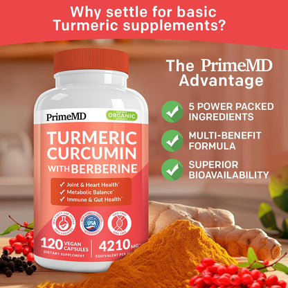 PrimeMD 5-in-1 Organic Turmeric Curcumin with Berberine & Bioperine – 120 ct (Pack of 3)