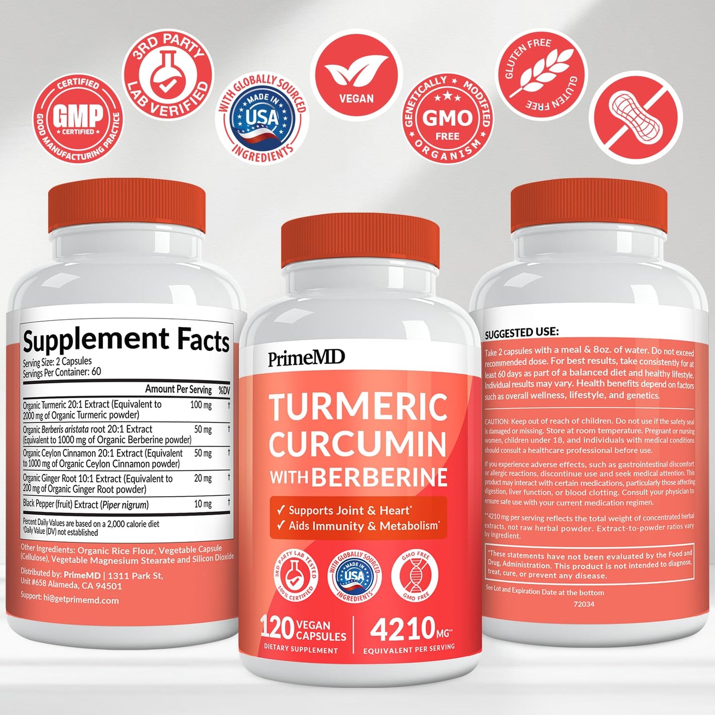 PrimeMD 5-in-1 Organic Turmeric Curcumin with Berberine & Bioperine – 120 ct (Pack of 3)