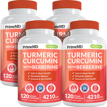 PrimeMD 5-in-1 Organic Turmeric Curcumin + Berberine & Cinnamon (4210mg) – 120 ct Pack of 4