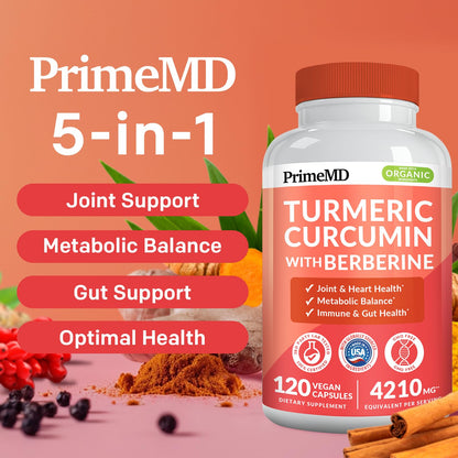 PrimeMD 5-in-1 Organic Turmeric Curcumin + Berberine & Cinnamon (4210mg) – 120 ct Pack of 4