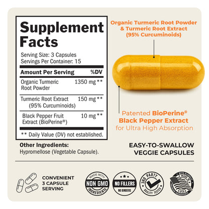 Turmeric Curcumin 1500mg with BioPerine – 45 Vegan Capsules, 95% Curcuminoids